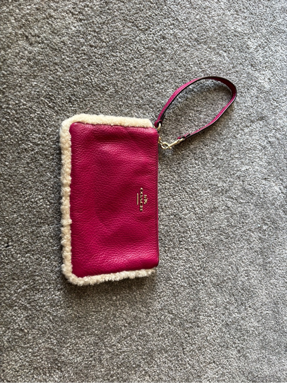 Coach Fuchsia Leather Wristlet with Cream Shearling Trim